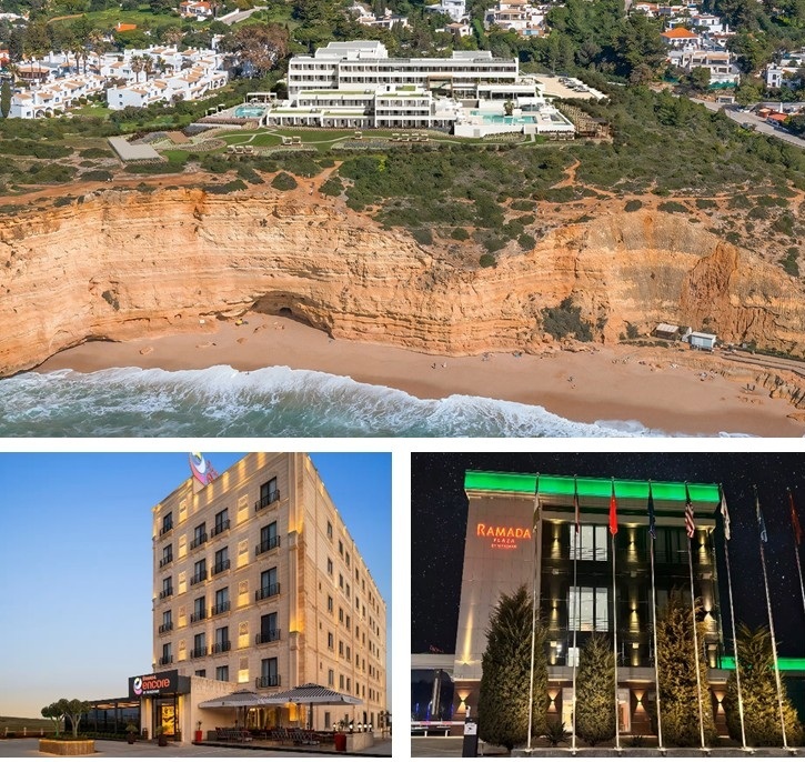 Wyndham Hotels & Resorts opened 13 new hotels across EMEA in the first half of 2026. Featured openings include Wyndham Grand Carvoeiro Algarve (top), Ramada Encore by Wyndham Midyat (bottom left), and Ramada Plaza by Wyndham Tashkent (bottom right).