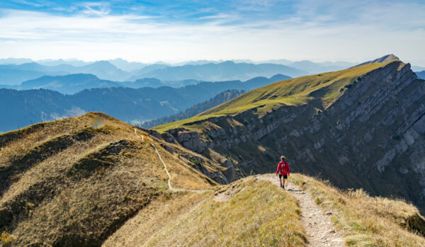 nice senior woman, hiking in fall, autumn on the ridge of the Nagelfluh chain near Oberstaufen, Allgaeu Area, Bavaria, Germany, Hochgrats summit in the background
